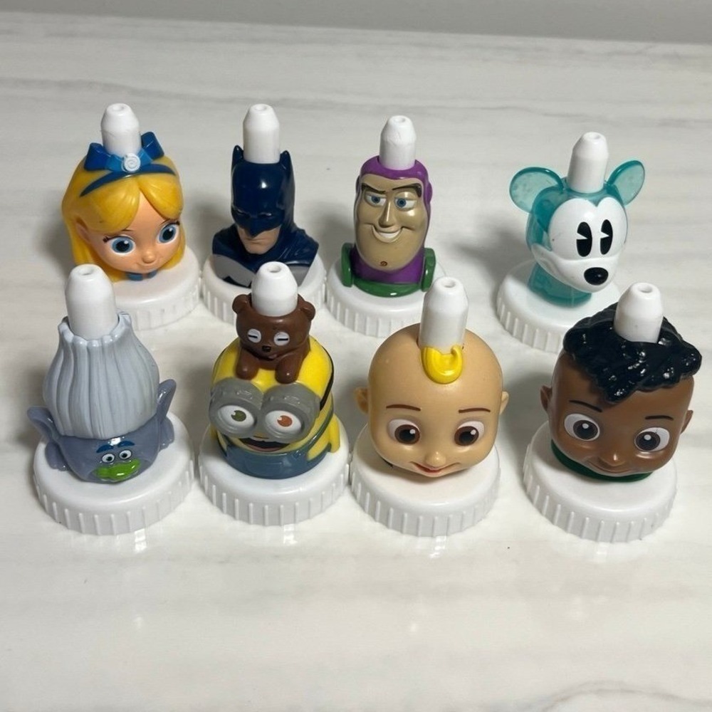 Good2Grow Character Bottle Toppers Lot – Disney, Batman, Minions, Mixed Set of 8